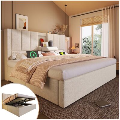 Merax Gestoffeerd tweepersoonsbed met opbergruimte - 180 x 200 cm - met verborgen bekerhouder en oplaadstation - linnen - beige Merax Gestoffeerd tweepersoonsbed met opbergruimte - 180 x 200 cm - met verborgen bekerhouder en oplaadstation - linnen - beige