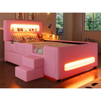 ModernLuxe Gestoffeerd eenpersoonsbed 90x200 cm - met LED-verlichting - met trap - 1 lade en opbergzak - Roze (matras niet inbegrepen) ModernLuxe Gestoffeerd eenpersoonsbed 90x200 cm - met LED-verlichting - met trap - 1 lade en opbergzak - Roze (matras niet inbegrepen)