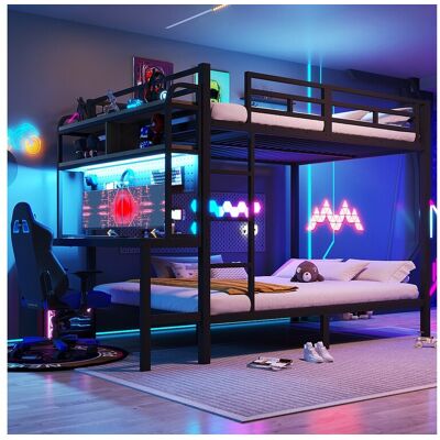 Merax Kinderstapelbed - 2 x 140 x 200 cm - ijzeren frame - met bureau + LED-verlichting + USB-poort + plank - metaal - zwart Merax Kinderstapelbed - 2 x 140 x 200 cm - ijzeren frame - met bureau + LED-verlichting + USB-poort + plank - metaal - zwart