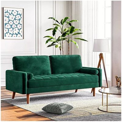 DripeX 2-zitsbank in groen fluweel, moderne woonkamerbank, met armleuningen en taps toelopende houten poten, lage rugleuning - 148,5x78x85cm DripeX 2-zitsbank in groen fluweel, moderne woonkamerbank, met armleuningen en taps toelopende houten poten, lage rugleuning - 148,5x78x85cm