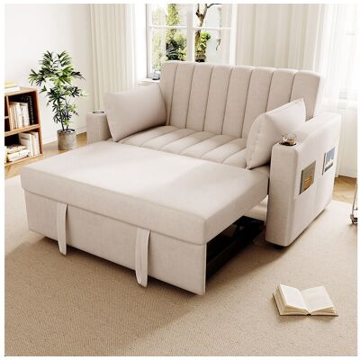Merax Uitschuifbare slaapbank - 100 x 160 cm - tweepersoonsbed met verstelbare rugleuning + met deur + beker en kussens - beige Merax Uitschuifbare slaapbank - 100 x 160 cm - tweepersoonsbed met verstelbare rugleuning + met deur + beker en kussens - beige