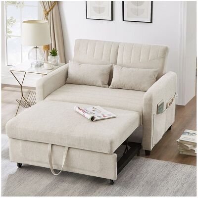 2-zits slaapbank, modern en uitschuifbaar design, ademende katoen-linnen stof, beige (114x77x82,5 cm) 2-zits slaapbank, modern en uitschuifbaar design, ademende katoen-linnen stof, beige (114x77x82,5 cm)