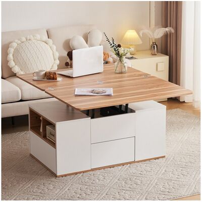Merax Salontafel - opklapbaar blad - 2 nissen en 3 lades - spaanplaat - eiken en wit Merax Salontafel - opklapbaar blad - 2 nissen en 3 lades - spaanplaat - eiken en wit