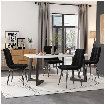 Merax Tafelset + 4 fluwelen stoelen - metalen poten - zwart en wit Merax Tafelset + 4 fluwelen stoelen - metalen poten - zwart en wit