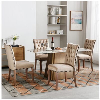 Merax Set van 4 eetkamerstoelen bekleed met fluweel - Poten van massief notenhout - Knoopversiering - Beige Merax Set van 4 eetkamerstoelen bekleed met fluweel - Poten van massief notenhout - Knoopversiering - Beige