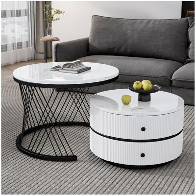 Merax Set van 2 ronde in elkaar geschoven salontafels met 2 laden - 60x60x46cm + 50x50x30,8cm - Marmerpatroon - MDF hout en metaal - Wit + zwart Merax Set van 2 ronde in elkaar geschoven salontafels met 2 laden - 60x60x46cm + 50x50x30,8cm - Marmerpatroon - MDF hout en metaal - Wit + zwart