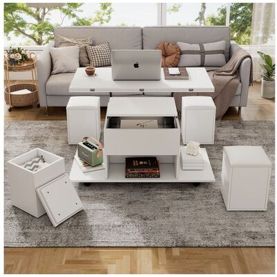 Merax Opklapbare salontafel met 4 krukken en 2 tafeltjes - 100 x 50 x 48 cm - Spaanplaat - Wit Merax Opklapbare salontafel met 4 krukken en 2 tafeltjes - 100 x 50 x 48 cm - Spaanplaat - Wit