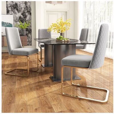 Merax Woonkamerset van 4 luxe fluwelen stoelen - 64,14 x 63,5 x 47,63 cm - Diamantvormige rugleuning - Gouden metalen poten - Grijs Merax Woonkamerset van 4 luxe fluwelen stoelen - 64,14 x 63,5 x 47,63 cm - Diamantvormige rugleuning - Gouden metalen poten - Grijs