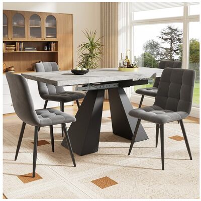 Merax Eettafel + 4 fluwelen stoelen set - 140 x 80 x 75 cm - MDF + gouden metalen poten - Wit + beige Merax Eettafel + 4 fluwelen stoelen set - 140 x 80 x 75 cm - MDF + gouden metalen poten - Wit + beige