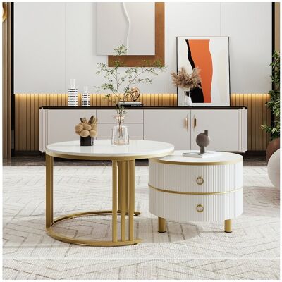 Merax 2-in-1 ronde salontafel - 70 x 70 x 46 cm + 50 x 50 x 40 cm - salontafelcombinatie met 2 lades - MDF - wit Merax 2-in-1 ronde salontafel - 70 x 70 x 46 cm + 50 x 50 x 40 cm - salontafelcombinatie met 2 lades - MDF - wit