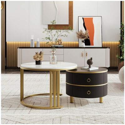 Merax 2-in-1 ronde salontafel - 70 x 70 x 46 cm + 50 x 50 x 40 cm - Salontafelcombinatie met 2 lades - MDF - zwart Merax 2-in-1 ronde salontafel - 70 x 70 x 46 cm + 50 x 50 x 40 cm - Salontafelcombinatie met 2 lades - MDF - zwart