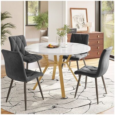 Merax Set van 5 eettafel en stoelen - 100 x 100 x 75 cm - ronde tafel + 4 fluwelen stoelen - MDF + staal - grijs + wit Merax Set van 5 eettafel en stoelen - 100 x 100 x 75 cm - ronde tafel + 4 fluwelen stoelen - MDF + staal - grijs + wit