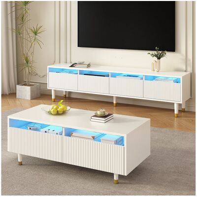 Merax TV-meubelset met 4 lades + salontafel met 2 lades - met LED's - MDF - wit Merax TV-meubelset met 4 lades + salontafel met 2 lades - met LED's - MDF - wit