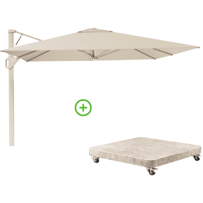 Platinum Beaufort zweefparasol - premium doek 320x320cm met Venezia rond parasolvoet 120kg Champagne/Sandstone Platinum Beaufort zweefparasol - premium doek 320x320cm met Venezia rond parasolvoet 120kg Champagne/Sandstone