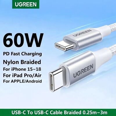 UGREEN 60W 100W USB-C naar Type-C kabel, gevlochten, PD snelladen voor Samsung, Apple iPad, iPhone 17, Macbook, Android, lang (3m) Black PD100W 5A UGREEN 60W 100W USB-C naar Type-C kabel, gevlochten, PD snelladen voor Samsung, Apple iPad, iPhone 17, Macbook, Android, lang (3m) Black PD100W 5A