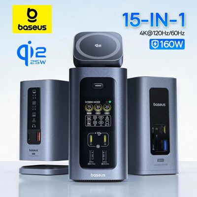 Baseus 160W 15-in-1 USB-C hub met 2 HDMI 4K@120Hz/60Hz, Qi2.2 25W draadloze oplader, 180W GaN EU/US adapter en dockingstation 15-in-1 with US Plug Baseus 160W 15-in-1 USB-C hub met 2 HDMI 4K@120Hz/60Hz, Qi2.2 25W draadloze oplader, 180W GaN EU/US adapter en dockingstation 15-in-1 with US Plug