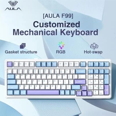 Aula F99 Gaming Mechanisch Toetsenbord Drie Modus 2.4g Draadloos Bluetooth Bedraad Hot Swap PBT Pakking RGB Voor Games Typen 99 Toetsen Green and White Aula F99 Gaming Mechanisch Toetsenbord Drie Modus 2.4g Draadloos Bluetooth Bedraad Hot Swap PBT Pakking RGB Voor Games Typen 99 Toetsen Green and White