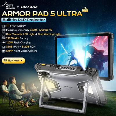 Ulefone Armor Pad 5 Ultra 5G robuuste tablet, draagbare projector, 200 lm, 24200 mAh, 120 W, tot 12 GB + 512 GB, Android 15, 11 inch FHD, 64 MP, nachtzichtcamera Pad 5 Ulrta Ulefone Armor Pad 5 Ultra 5G robuuste tablet, draagbare projector, 200 lm, 24200 mAh, 120 W, tot 12 GB + 512 GB, Android 15, 11 inch FHD, 64 MP, nachtzichtcamera Pad 5 Ulrta