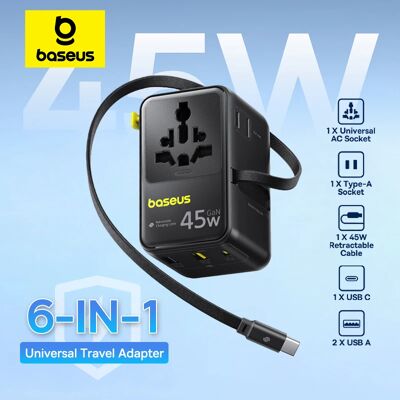 【NIEUW】Baseus 6-IN-1 GaN Telefoonoplader Universele reisadapter 45W/70W Intrekbare kabel 2AC-aansluiting EU/UK/US-stekker USB-oplader 【NIEUW】Baseus 6-IN-1 GaN Telefoonoplader Universele reisadapter 45W/70W Intrekbare kabel 2AC-aansluiting EU/UK/US-stekker USB-oplader