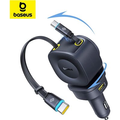 Baseus autolader 60W 100W 30W 240W 4 poorten Ingebouwde dubbele intrekbare kabel PD snel opladen USB Type-C autotelefoonoplader Baseus autolader 60W 100W 30W 240W 4 poorten Ingebouwde dubbele intrekbare kabel PD snel opladen USB Type-C autotelefoonoplader