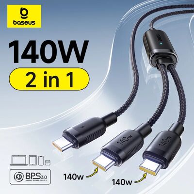 Baseus 140W kabel 2-in-1 snellaaddatakabel PD3.1 QC PPS USB C naar dubbele Type-C-draad voor laptop tablet Samsung iPhone 17 16 140W Black Baseus 140W kabel 2-in-1 snellaaddatakabel PD3.1 QC PPS USB C naar dubbele Type-C-draad voor laptop tablet Samsung iPhone 17 16 140W Black