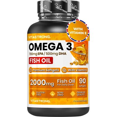 VITASTRONG. Omega 3 visolie 2000 mg hoge dosering met vitamine E, zonder nasmaak, Omega3 visolie (visolie) 700 mg EPA 500 mg DHA, hoge concentratie, omega-3 supplement puur hart, zicht, hersenen VITASTRONG. Omega 3 visolie 2000 mg hoge dosering met vitamine E, zonder nasmaak, Omega3 visolie (visolie) 700 mg EPA 500 mg DHA, hoge concentratie, omega-3 supplement puur hart, zicht, hersenen