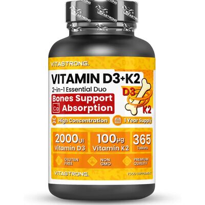 VITASTRONG. Vitastrong D3 + K2 Vitamine 365-daagse tabletten 2000 IE, 100 mcg, MK-7 ter ondersteuning van het immuunsysteem, gewrichten, spieren en botten VITASTRONG. Vitastrong D3 + K2 Vitamine 365-daagse tabletten 2000 IE, 100 mcg, MK-7 ter ondersteuning van het immuunsysteem, gewrichten, spieren en botten