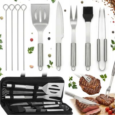 NONE BBQ-gereedschapset 9-delig met koffer, roestvrijstalen tang, spatel, vork, mes, borstel en 4 lange satijnen handgrepen, LFGB gecertificeerd, draagbare koffer voor houtskool- en gasgrill, camping, NONE BBQ-gereedschapset 9-delig met koffer, roestvrijstalen tang, spatel, vork, mes, borstel en 4 lange satijnen handgrepen, LFGB gecertificeerd, draagbare koffer voor houtskool- en gasgrill, camping,