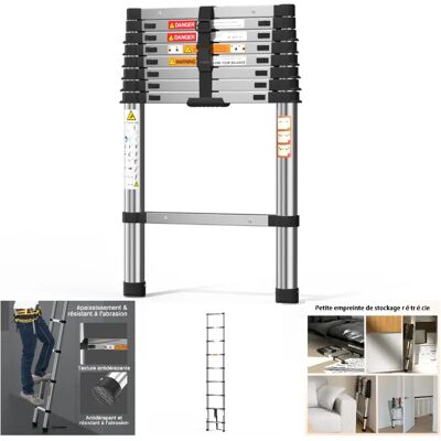 NONE Telescopische ladder 2,6 m van roestvrij staal - Voor stacaravan, zolder, kantoor, magazijn - Gemakkelijk te transporteren NONE Telescopische ladder 2,6 m van roestvrij staal - Voor stacaravan, zolder, kantoor, magazijn - Gemakkelijk te transporteren