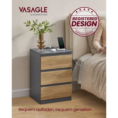 VASAGLE nachtkastje met stopcontacten, set van 2, bijzettafel, 3 lades, 2 AC-aansluitingen, 2 USB-A-poorten, woonkamer Slate Gray-natural Brown VASAGLE nachtkastje met stopcontacten, set van 2, bijzettafel, 3 lades, 2 AC-aansluitingen, 2 USB-A-poorten, woonkamer Slate Gray-natural Brown