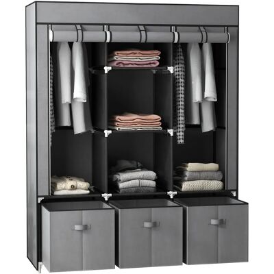 HOMCOM Opbergkast van stof, opvouwbaar met 5 planken, 2 hangroedes en 3 stoffen laden – 125B x 43D x 162,5H cm, grijs HOMCOM Opbergkast van stof, opvouwbaar met 5 planken, 2 hangroedes en 3 stoffen laden – 125B x 43D x 162,5H cm, grijs