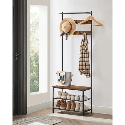 VASAGLE kapstok, kledingkast met schoenenbank, jurkenstandaard, jurkenstang, 9 afneembare haken, 32,2 x 64 x 180 cm Bruin VASAGLE kapstok, kledingkast met schoenenbank, jurkenstandaard, jurkenstang, 9 afneembare haken, 32,2 x 64 x 180 cm Bruin