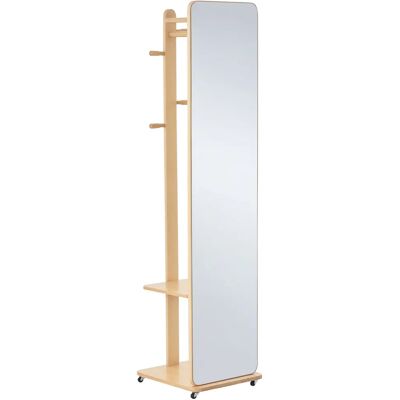 HOMCOM spiegel met wielen, 4-poots plank MDF lichte houtlook HOMCOM spiegel met wielen, 4-poots plank MDF lichte houtlook
