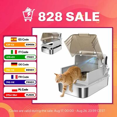 PawHut XXL RVS kattenbak met opklapbaar deksel, hoge randen, bovenin te betreden, grijze schep GRIJS PawHut XXL RVS kattenbak met opklapbaar deksel, hoge randen, bovenin te betreden, grijze schep GRIJS
