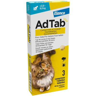 Elanco Adtab Kauwtabletten voor katten - Vlooien & teken - 2-8 kg Elanco Adtab Kauwtabletten voor katten - Vlooien & teken - 2-8 kg