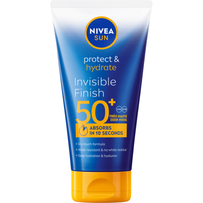 NIVEA SUN Protect & Hydrate Invisible Finish Zonnebrand - SPF50+ - Zonnebrandcreme - Crème Trekt Snel in - 150ML NIVEA SUN Protect & Hydrate Invisible Finish Zonnebrand - SPF50+ - Zonnebrandcreme - Crème Trekt Snel in - 150ML