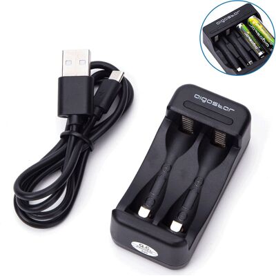 Aigostar Batterijlader / Langzame lading / Geschikt voor AA- en AAA-batterijen / TYPE-C oplaadpoort / 2 sleuven / Zwart Aigostar Batterijlader / Langzame lading / Geschikt voor AA- en AAA-batterijen / TYPE-C oplaadpoort / 2 sleuven / Zwart