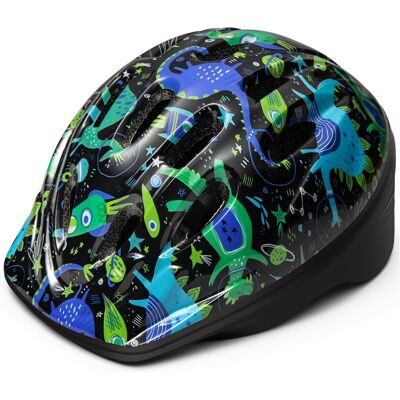 Outdoormaster Ibex Kinder- en juniorfietshelm - voor loopfiets en peuterscooter, blauwe dinosaurus, maat M Outdoormaster Ibex Kinder- en juniorfietshelm - voor loopfiets en peuterscooter, blauwe dinosaurus, maat M
