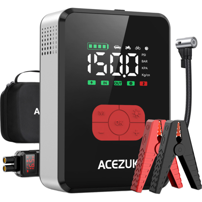 ACEZUK M06 7000 A autojumpstarter, met 150 PSI compressor, 12 V auto-noodstartaccupack (geschikt voor alle benzinemotoren en 12 l dieselmotoren), draagbare startkabels, LED-verlichting ACEZUK M06 7000 A autojumpstarter, met 150 PSI compressor, 12 V auto-noodstartaccupack (geschikt voor alle benzinemotoren en 12 l dieselmotoren), draagbare startkabels, LED-verlichting