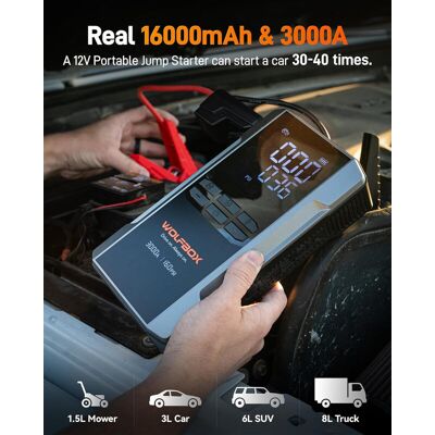 WOLFBOX 3000A jumpstarter met luchtcompressor, 59,2 Wh & 160 PSI draagbare auto-accu jumpstarter met 65 W snelladen, 12V accupack (geschikt voor 8L gas- en 6L dieselmotoren), met boost, licht en startkabels WOLFBOX 3000A jumpstarter met luchtcompressor, 59,2 Wh & 160 PSI draagbare auto-accu jumpstarter met 65 W snelladen, 12V accupack (geschikt voor 8L gas- en 6L dieselmotoren), met boost, licht en startkabels