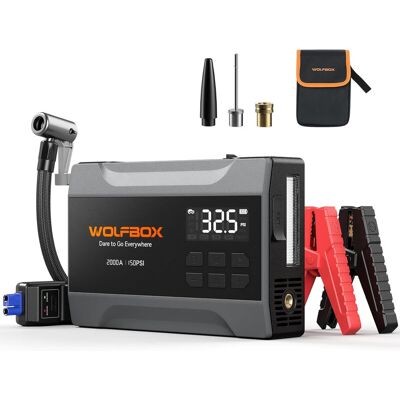 WOLFBOX 2000A draagbare startbox voor auto met 37 Wh accu, luchtcompressor en 150 PSI bandenpomp, 12V startkabels, Boost en LED-verlichting (tot 5 L benzinemotor) WOLFBOX 2000A draagbare startbox voor auto met 37 Wh accu, luchtcompressor en 150 PSI bandenpomp, 12V startkabels, Boost en LED-verlichting (tot 5 L benzinemotor)