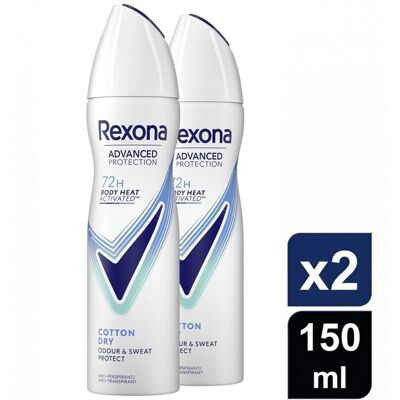 Rexona Women Advanced Protection Anti-Transpirant Deo Spray - Cotton Dry - 2 x 150 ml - Voordeelverpakking Rexona Women Advanced Protection Anti-Transpirant Deo Spray - Cotton Dry - 2 x 150 ml - Voordeelverpakking