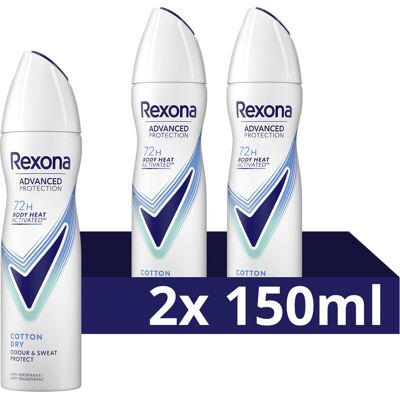 Rexona Women Advanced Protection Anti-Transpirant Deo Spray - Cotton Dry - 2 x 150 ml - Voordeelverpakking Rexona Women Advanced Protection Anti-Transpirant Deo Spray - Cotton Dry - 2 x 150 ml - Voordeelverpakking