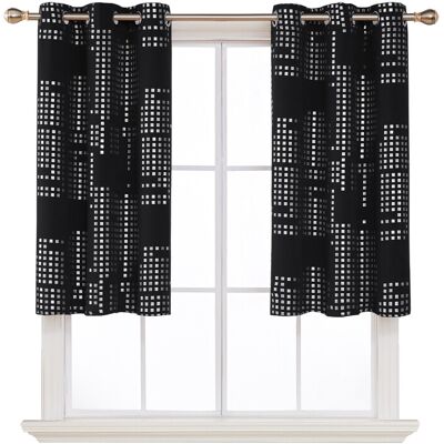Deconovo Verduisterend Zilverfolie Print Klein Geruit 6 Wit Ringen Zonder Band Gordijn, 2 Stuks B97xL114 Zwart Deconovo Verduisterend Zilverfolie Print Klein Geruit 6 Wit Ringen Zonder Band Gordijn, 2 Stuks B97xL114 Zwart