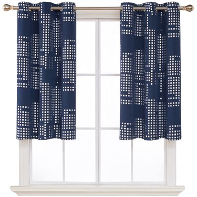 Deconovo verduisterende gordijnen met zilverfoliedruk en klein ruitpatroon, paar met 6 witte ringen, 2 stuks B97 x L114 navyblauw Deconovo verduisterende gordijnen met zilverfoliedruk en klein ruitpatroon, paar met 6 witte ringen, 2 stuks B97 x L114 navyblauw