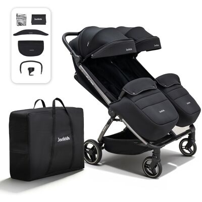 Jovikids Ayla Twins dubbele kinderwagen, met één hand opvouwbaar, schokabsorberend, lichtgewicht aluminium, compact, vanaf de geboorte tot 4 jaar, alle-terrain wielen, regenhoes, voetwarmte, opbergtas, bekerhouder, zwart) Jovikids Ayla Twins dubbele kinderwagen, met één hand opvouwbaar, schokabsorberend, lichtgewicht aluminium, compact, vanaf de geboorte tot 4 jaar, alle-terrain wielen, regenhoes, voetwarmte, opbergtas, bekerhouder, zwart)