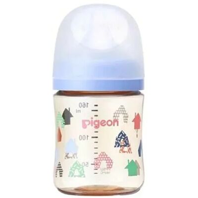 Pigeon 3e generatie wijdhalsflessen met borstsensatie, valbestendig, blauwe huisjes, kunststof, 160 ml Pigeon 3e generatie wijdhalsflessen met borstsensatie, valbestendig, blauwe huisjes, kunststof, 160 ml