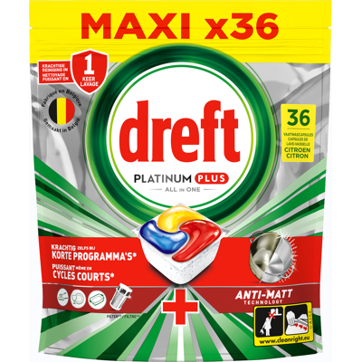 Dreft Platinum Plus All In One Vaatwascapsules Anti-dofheidstechnologie Citroen 36 stuks Dreft Platinum Plus All In One Vaatwascapsules Anti-dofheidstechnologie Citroen 36 stuks