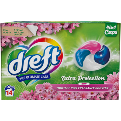 Dreft Caps 4-in-1 wasmiddel Vleugje Roze 14 stuks Dreft Caps 4-in-1 wasmiddel Vleugje Roze 14 stuks