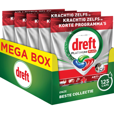 Dreft Vaatwastabletten Platinum Plus All In One Bries - 5 x 25 stuks - Voordeelverpakking Dreft Vaatwastabletten Platinum Plus All In One Bries - 5 x 25 stuks - Voordeelverpakking